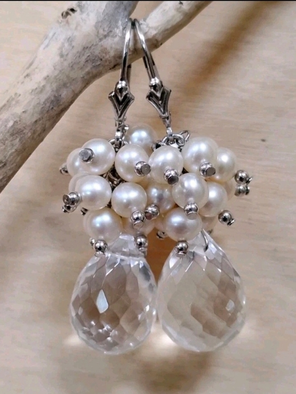 925 Sterling Silver Faceted Rock Crystal Quartz & Pearl Drop Earrings.